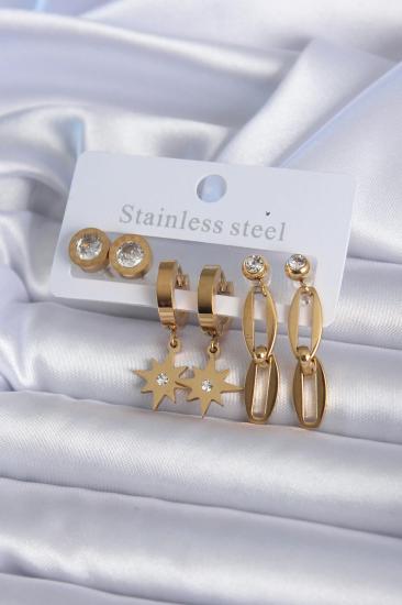 Çelik Gold Renk Kutup Yıldız Model Zirkon Taş Detay Kadın Küpe Seti